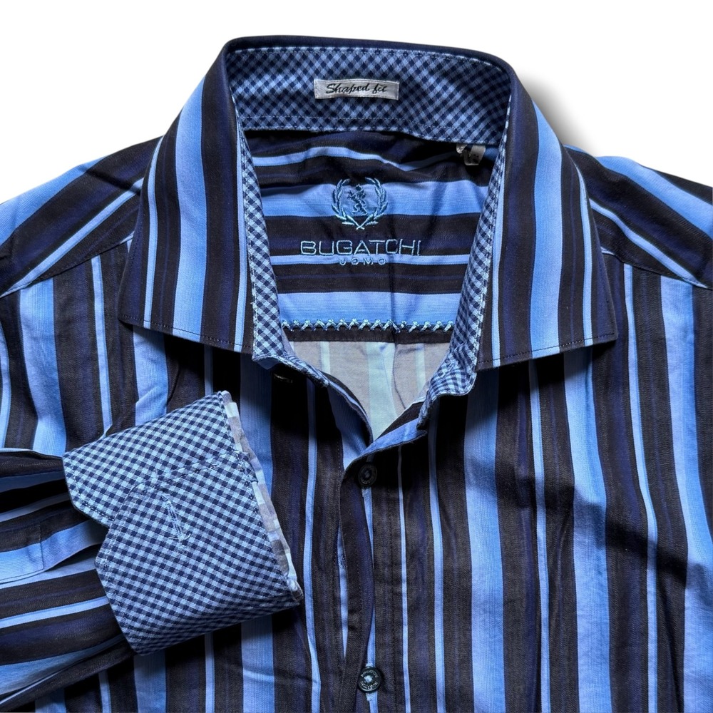 Bugatchi Uomo Mens Blue Black Striped Shaped Fit Long Sleeve Button Down Shirt